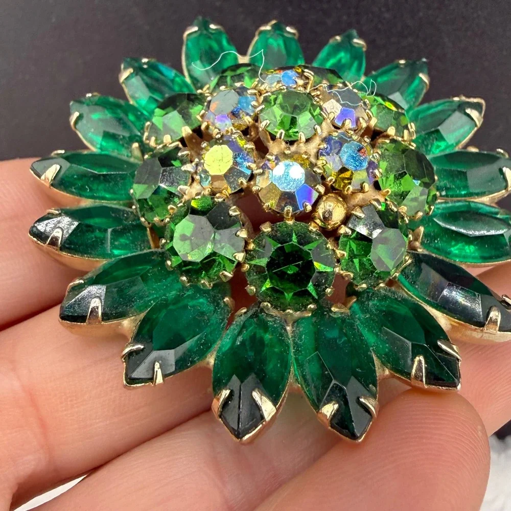 Vintage Rhinestone Brooch Green Aurora Borealis Large Dome